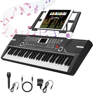 61 Key Keyboard Piano, Portable Electronic Keyboard Piano for Beginners with Speakers, Microphone, Sheet Music Stand, 100 Voices, 100 Rhythms, Digital Music Keyboard Built-In Speakers