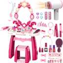 Toddler Makeup Table Toy with Mirror and Chair, Kids Pretend Play Vanity Set with Lights and Sounds Hairdryer, Make Up Accessories for 3-6 Years Old Girls
