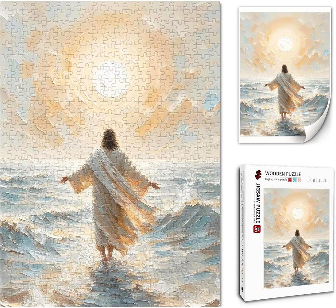 Christian Puzzles for Adults 500 Pieces - Jesus Walking on Water - Wooden Religious Jesus Puzzles Christian Gifts for Women Men (Sea)