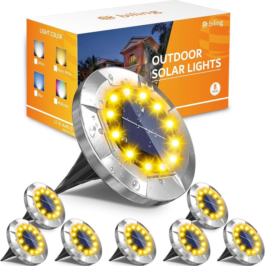 Biling Solar Ground Lights, (12 LEDs /8 Pack) Outdoor Waterproof Solar Garden Lights for Pathway Outdoor in-Ground Lawn Yard Deck Patio Walkway - Warm White (8 pack, Yellow)