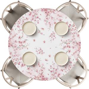 Horaldaily Spring Fitted Tablecloth 45"-56" Round, Spring Pink Cherry Blossoms Washable Table Cover Elastic Edged for Dinning, Picnic, Camping, Banquet (White)