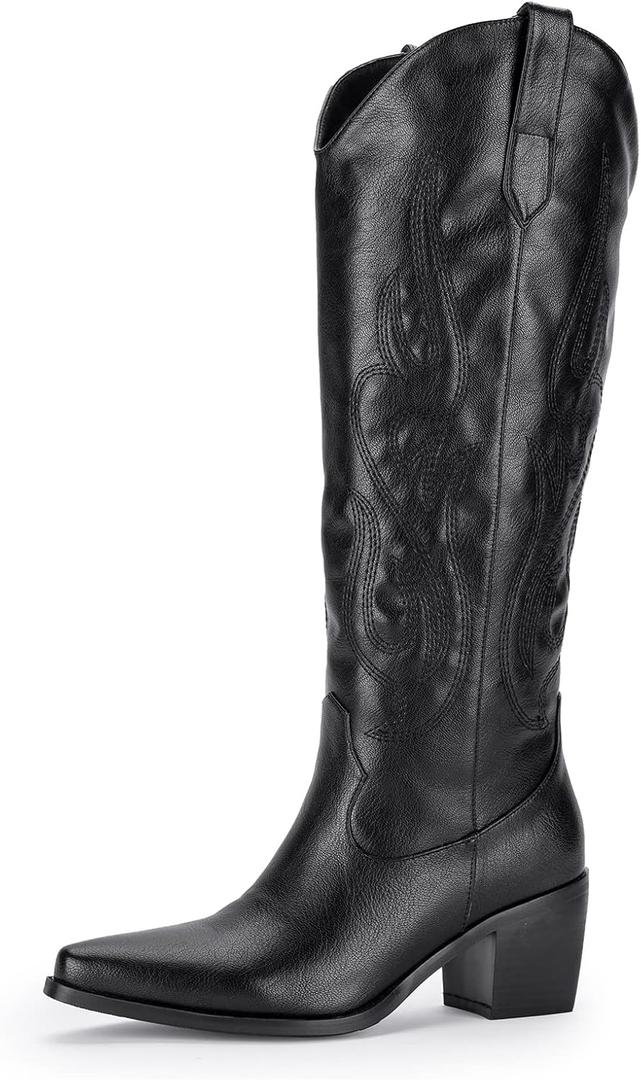 Pasuot Western Cowboy Boots for Women - Knee High Wide Calf Cowgirl Boots with Classic Embroidered, Slip On Pointed Toe Chunky Heel Fashion Retro Classic Pull On Tall Boot for Girls Ladies Fall Winter (7, Black)