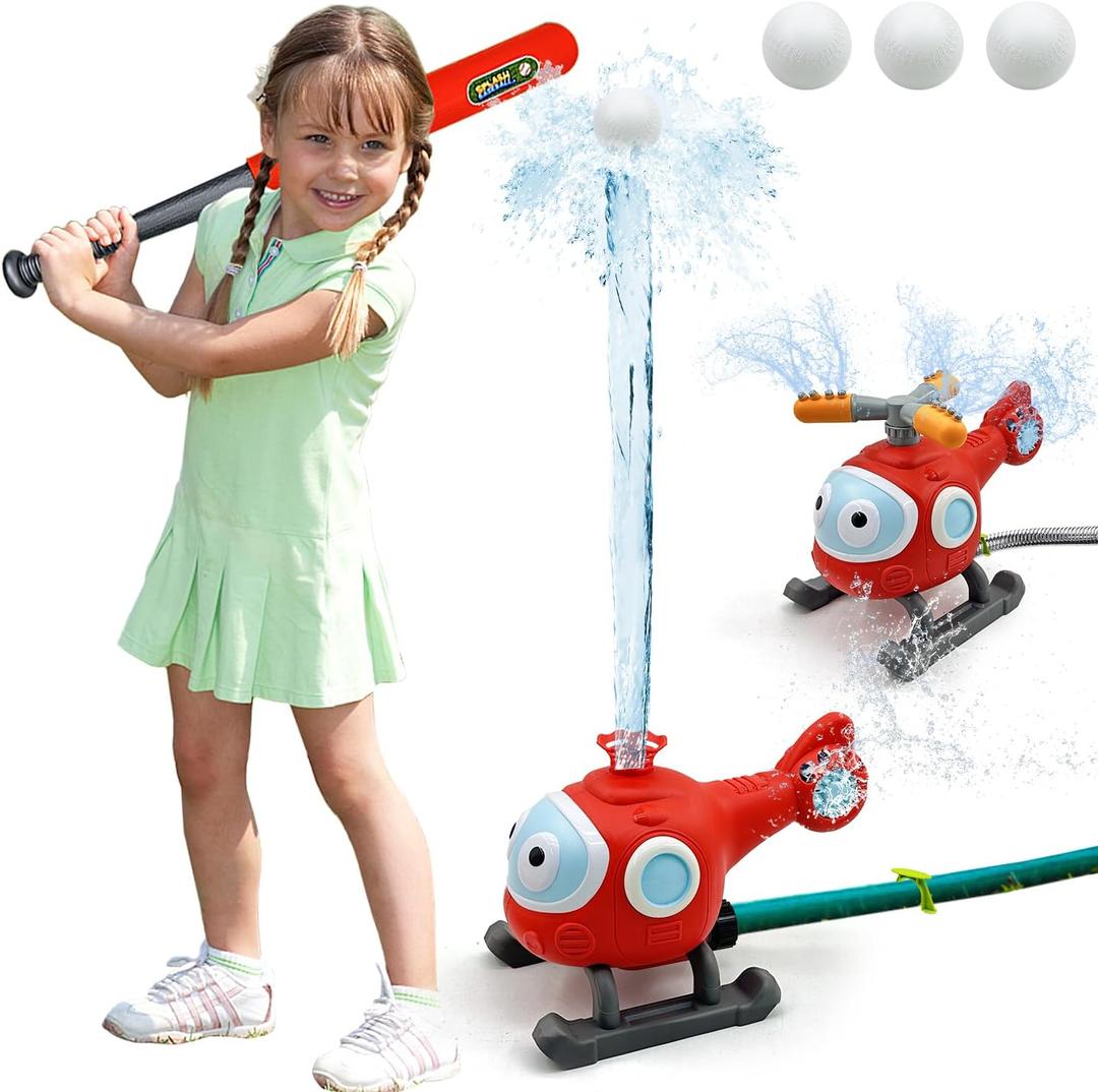 2 in 1 Outdoor Water Spray Sprinklers T Ball Set for Kids and Toddlers, Backyard Spinning Airplane Sprinkler Toy Tee Ball Game, Sprays Up to 8ft High Attaches to Garden Hose