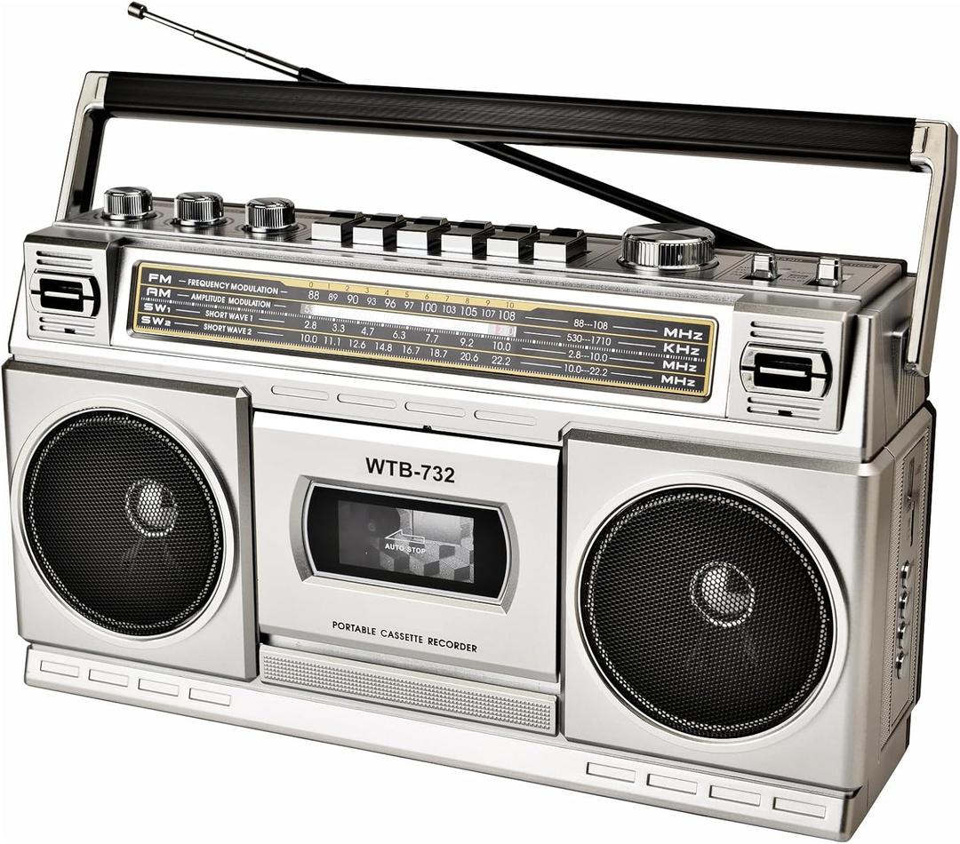 Retro Classic 80s Style Portable Boombox with Cassette Player Recorder, AM/FM/SW1/SW2 Radio, Bluetooth, USB/Micro SD Slots, Headphone Jack, 24W Dual Full-Range High Bass Speakers (Sliver)