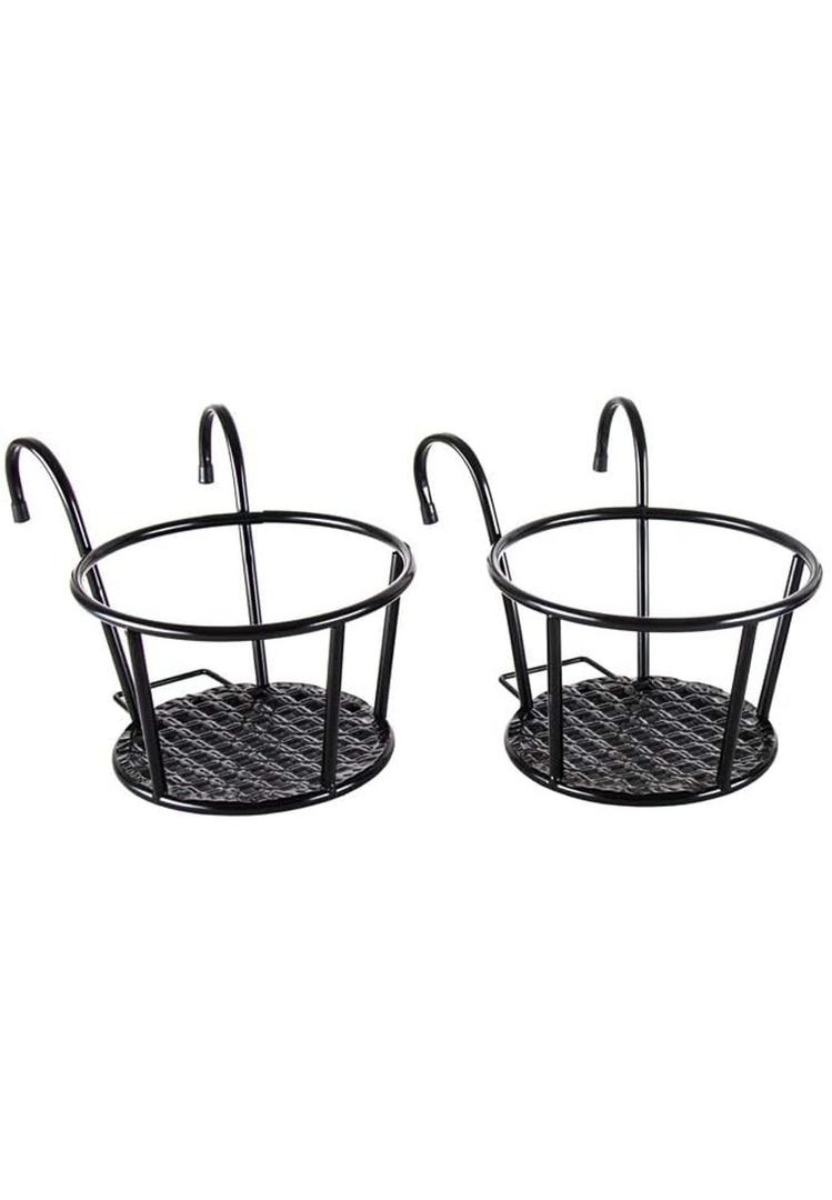 HowRU Iron Art Hanging Baskets Flower Pot Holder Over The Rail Metal Fence Planters Assemble - Pack of 2 (Black)