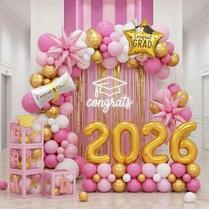 Pink and gold Graduation Decorations 2026 Set of 4 GRAD Balloon Boxes with Balloon Arch Garland Kit mylar balloons shimmer Fringe Curtain So Proud of You 2026 prom Graduation Decorations
