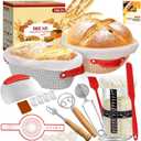 Sourdough Starter Kit, 9 Inch Round & 10 Inch Oval Banneton Bread Proofing Basket Set, 18 PCS Complete Sourdough Baking Supplies for Bread Making, Foldable Proofing Baskets,Gift for Bakers Women (Striped grey+Striped khaki)