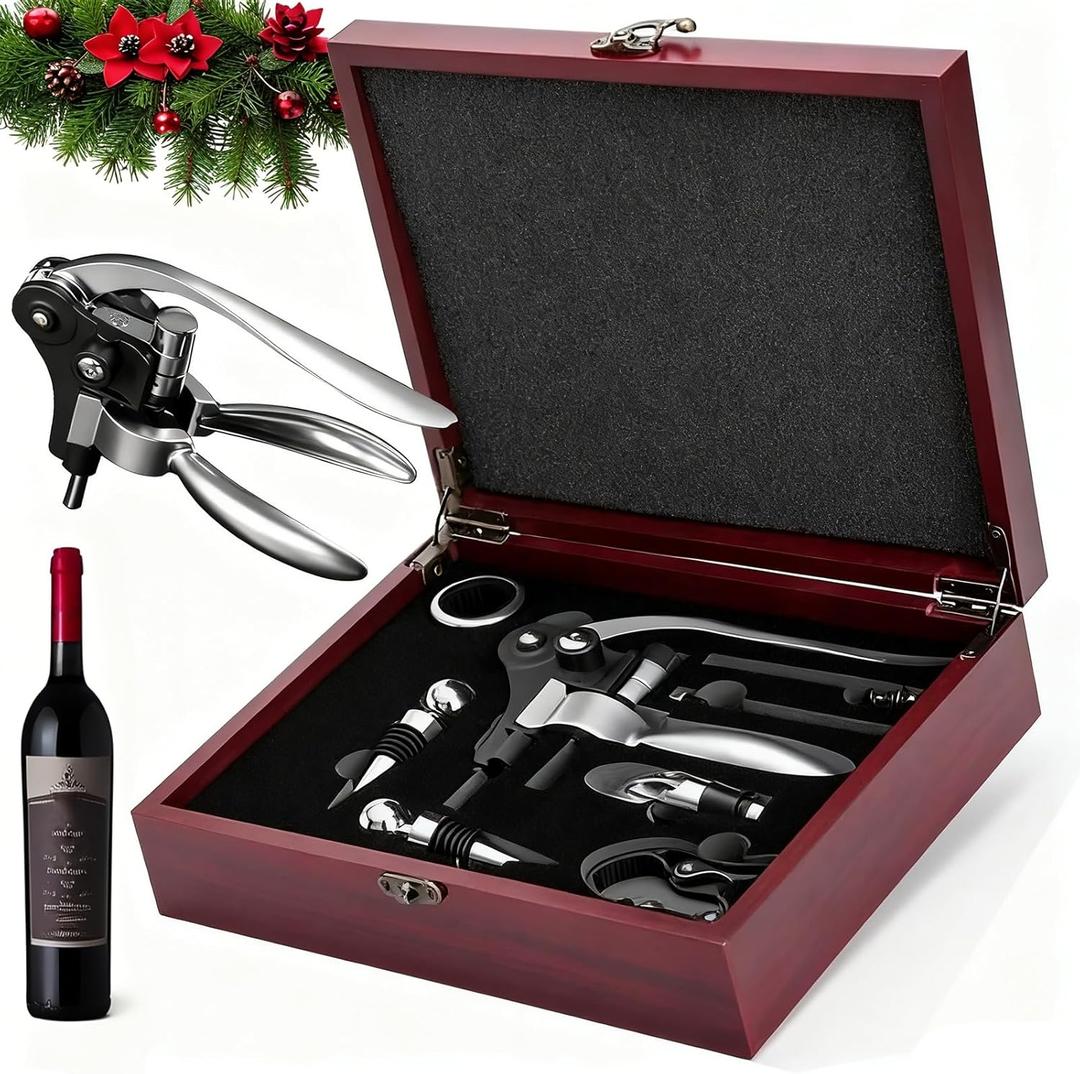 Wine Bottle Opener Corkscrew Gift Set, 8 Pieces Manual Corkscrews Wine Opener with Classic Wooden Box, Stainless Steel Wine Opener kit Wedding Valentines Day Gifts for Wine Lovers (Silver)