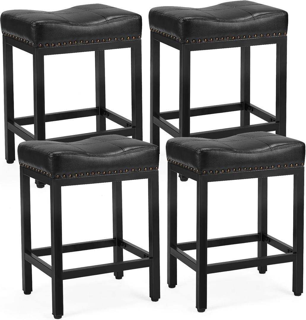 DUMOS Saddle Bar Stools Set of 4, 24 Inch Counter Height Stools with Curved PU Leather Surface, 3.7" Thick Upholstery Bar Height Stools with Footrest for Kitchen Island, Dining, Cafe, Black