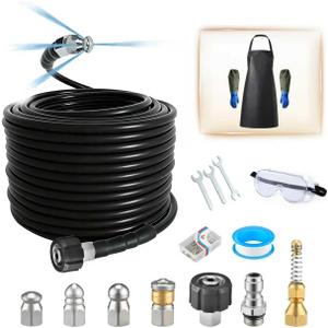 100FT Sewer Jetter Kit for Pressure Washer,1/4 Inch NPT Sewer Jetting Hose,Pressure Washer Drain Cleaner Hose 5800PSI with Sewer Jetter Nozzles, Gloves, Waterproof Tape, Apron (100FT)