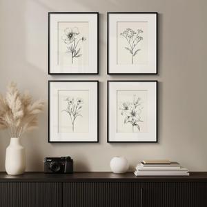 Framed Black and White Botanical Wall Art for Bathroom, Farmhouse Floral Plant Artwork for Bathroom Walls, 4 Piece Minimalist Vintage Picture Prints for Bedroom Kitchen Living Room Wall Decor, 8x10 In