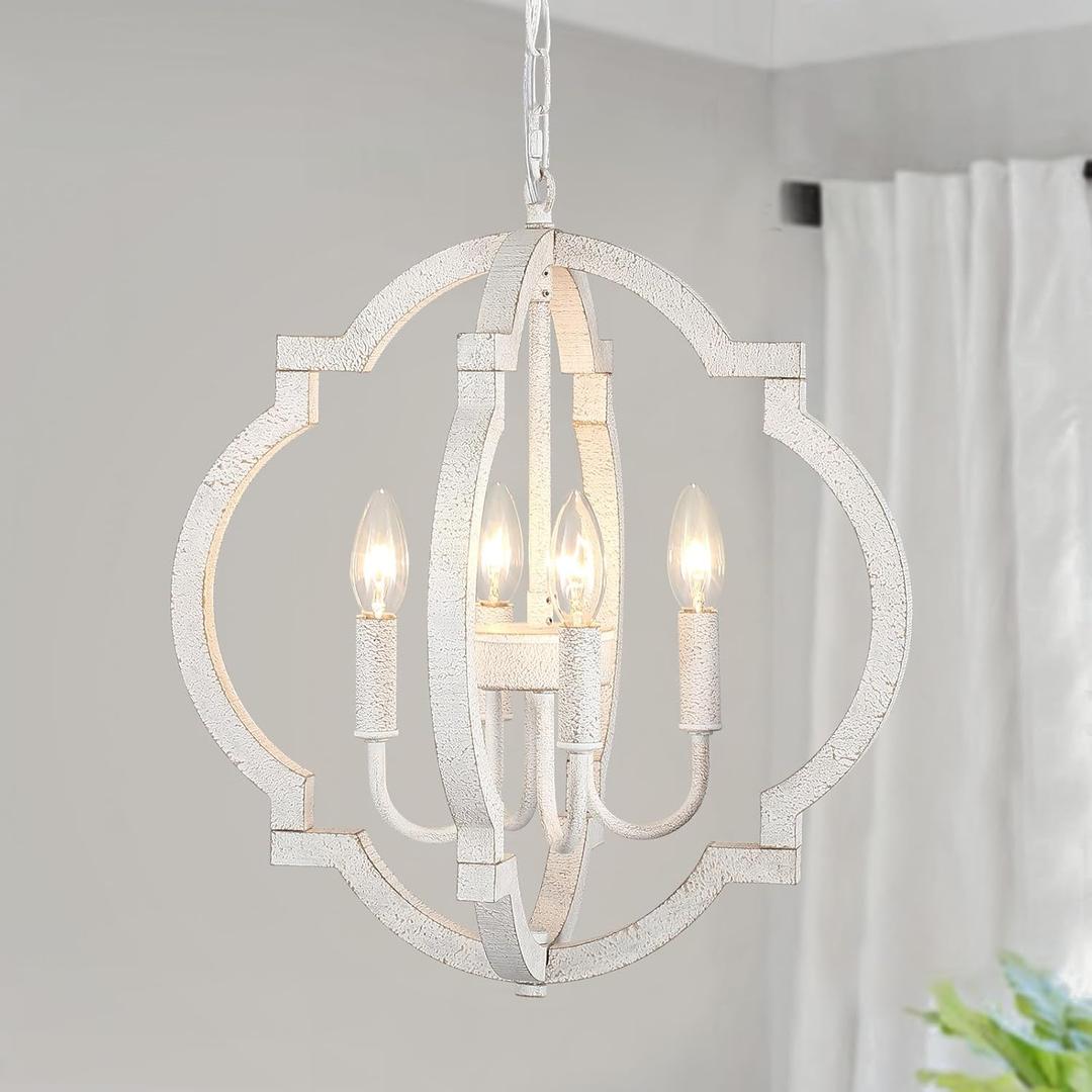 White Farmhouse Orb Chandelier for Dining Room- 4 Light Modern Pendant Light Fixture, Rustic Wood Hanging Lights for Kitchen Island Living Room Bedroom Entryway