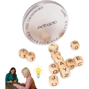 The Crossword Game,Classical Game with 12 Dice Letters, Wooden Letter Tiles Dice Games for Camping,Travel Playing with Case White Elephant Gift Adults