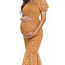 Maternity Summer Floral Midi Bodycon Dresses, Short Puff Sleeve Square Neck Ruffle Hem Mermaid Baby Shower Dress Coral Orange Small