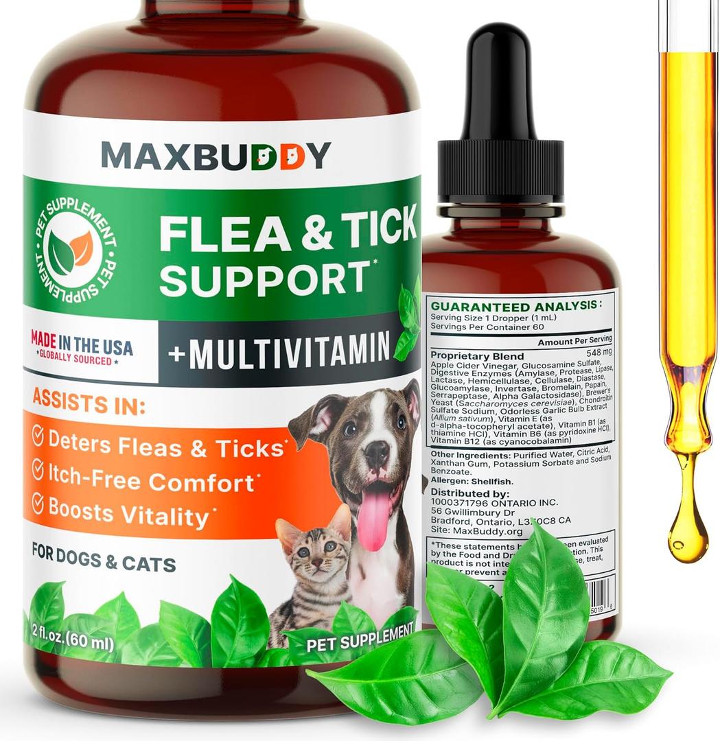MaxBuddy Flea and Tick Oral Prevention Support & Treatment for Dogs and Cats  Natural Flea Control with Multivitamin - Supplement Drops for Small and Large Dogs  Made in The USA