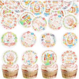 56 Pcs Easter Edible Cupcake Toppers with Bunny Egg Decorations for Birthday, Rabbit Theme Party and Baby Shower Party (Style 1)