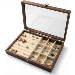 CT SUN Small Wooden Ring & Earring Organizer Box Case, Display Case with HD Glass Lid, Velvet Lining, Organizer for Women Rings Earrings Bracelets Brooches, Compact Size Jewelry Box for traveling
