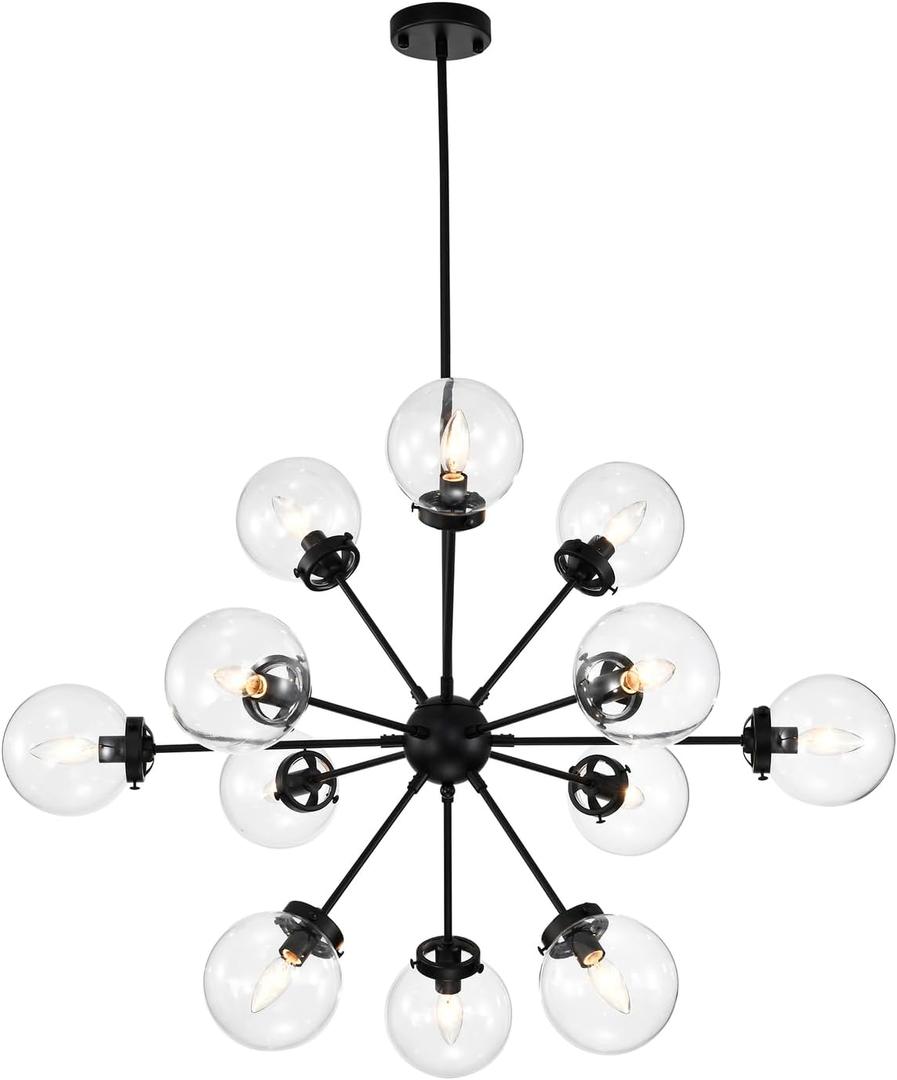 Warehouse of Tiffany HM108/12MB Masakee 12-Light Sputnik Metal Clear Glass Globe Shades Matte Black Chandelier