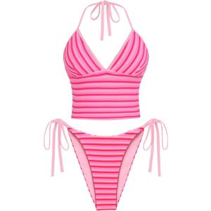 ZAFUL Striped Swim Suits for Women 2025 Halter V Neck Tankini Sets Terry Bikini High Cut Tie Side Thong Bathing Suit (Pink, S)