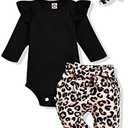 Aalizzwell Preemie Newborn Infant Baby Girls Clothes Ribbed Romper Bodysuit Pants Set Fall Winter Outfits, Size:90