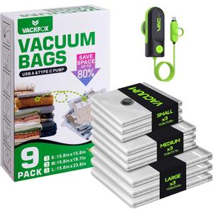 Travel Vacuum Bags with USB & TYPE C Pump, 9 Pack Carry-On Vacuum Storage Bags for Luggage & Suitcase, Vacuum Luggage Bags, Space Saver for Clothes & Travel (Green)