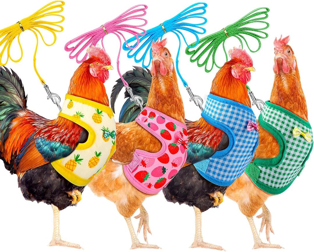 4 Pieces Adjustable Chicken Harness with Leash Elastic Comfortable Small Size Hen Vest with Matching Belt Breathable Fruit Print Duck Harness Set for Chicken Duck Goose Pet Training Walking S