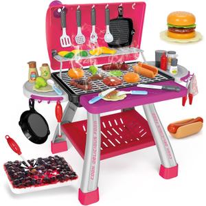 Kids Play Kitchen Toys, Kids BBQ Grill Kitchen Playset with Smoke, Sound & Light, Pink Play Food Toys Cooking Set, 2-Layer Barbecue Outdoor Play Grill Toy Gift for Toddler Girls 3-5, Pink