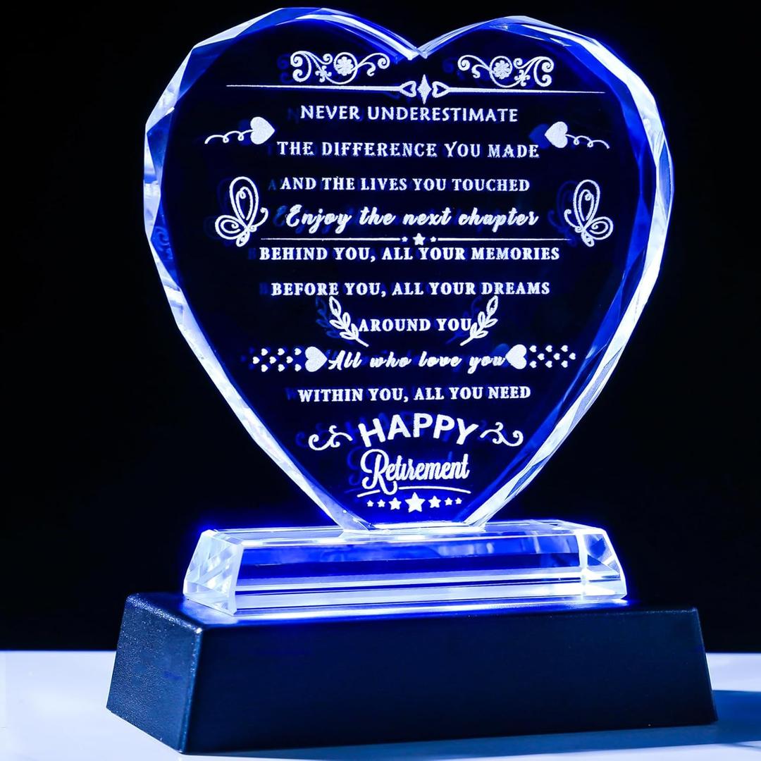 YWHL Retirement Gifts 2025 with Colorful LED Base Best Happy Retirement Gifts Ideas for Men Women Crystal Heart Plaque Appreciation Gift for Coworkers Going Away Farewell Goodbye Gift for Retired