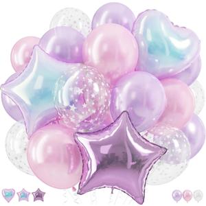 Pink and Purple Balloons, Pastel Pale Pink Light Purple Lilac Transparent Star Latex Balloon With Iridescent Heart Lavender Star Foil Balloons for Kpop Birthday Party Baby Shower Princess Decorations
