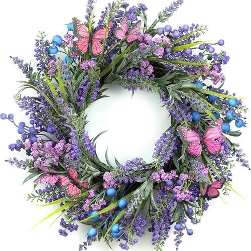Lavender Wreaths for Front Door 24 Inch Spring Summer Wreath with Lavender,Berries, Butterflies,for Year-Round Use Indoors and Outdoors as Wall, Door, Window, Party and Wedding Decorations