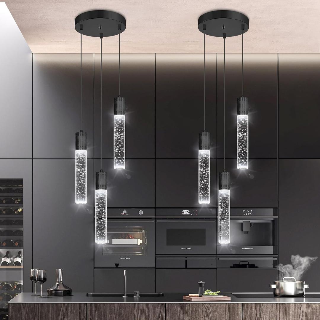 3-Lights Pendants Light for Kitchen Island Chandeliers Dining Room Pendant Lighting Fixture Bubble Crystal Ceiling Hanging Lights Bedroom Island Kitchen 6000K White Light Fixtures Black