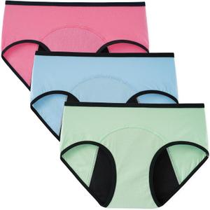 INNERSY Period Underwear for Women Teens Leak-Proof Menstrual Cotton Protective Hipster Panties 3-Pack, Small, Light Flow (Bright Spring)