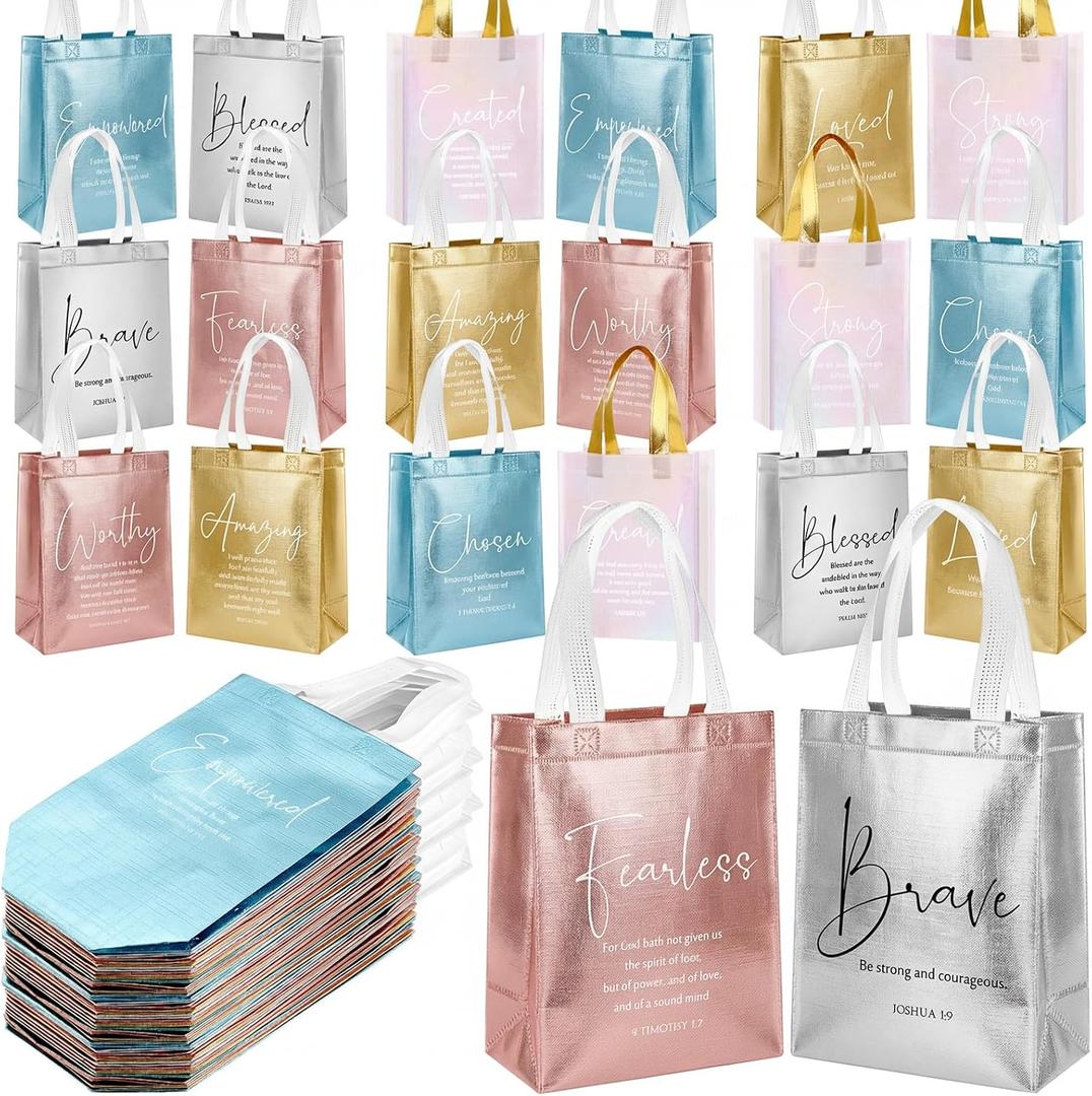 Aliceset 100 Pcs Religious Mothers Day Gift Bags Bulk,Non Woven Christian Gift Bag with Handle Bible Verse Baptism Gifts Bags Reusable Handbag for Church Catholic Theme Party Supplies (Colorful)