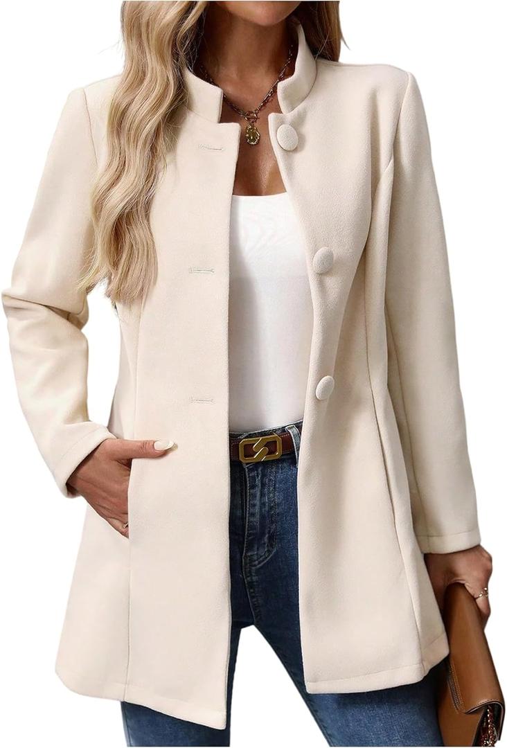 GORGLITTER Women's Button Up Long Sleeve Blazers Jackets Casual Fall Winter Mock Neck Fuzzy Business Work Office Coats (Medium, Khaki)