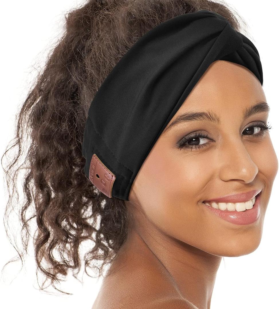 Bluetooth Headband Headphones for Women, Wireless Headband Headphones with HD Speakers, Fashion Black Head Band with Knotted/Twist Design for Yoga, Workout, Running, Sports, Fitness (Black)