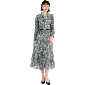 Women's Vintage Floral Print Long Sleeve Dress with Lace Collar and V-Neck Design Mid-Length A-Line Dress (Medium)