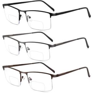 3 Pack Bifocal Reading Glasses for Men,Lightweight Metal Half Frame Clear Top Bi-focal Readers with Spring Hinge+2.50