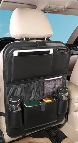 Leather Car Backseat Organizer with Tablet Holder - 9 Large Storage Pockets, Foldable Food Tray & Anti-Scratch Kick Mats - Universal Car Seat Protector for Kids, Pets & Travel Accessories 1 Pack