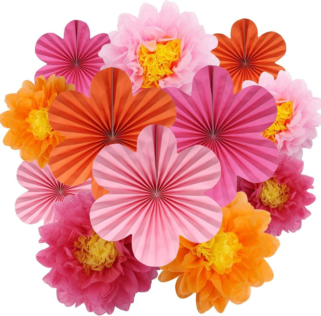 BestoFun 12PCS Paper Flowers Fans Orange and Hot Pink Party Decorations Tissue Paper Flowers Decorations for Girl Groovy Birthday Baby Shower Wedding Bachelorette Room Wall Hanging Dcor