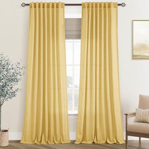 Gold Curtains for Living Room Back Tab Modern Farmhouse Semi Sheer Curtains 102 inches Long 2 Panels Set Muted Neutral Window Curtain for Dining Room Bedroom 52x102
