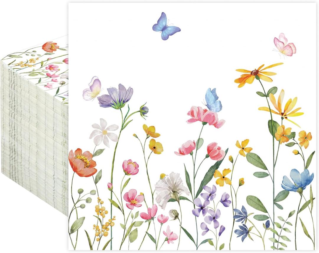 100 PCS Wildflower Cocktail Napkins Disposable Spring Floral Party Napkins 3-Ply Spring Flower Butterfly Paper Napkin for Wedding Bridal Baby Shower Birthday Tea Party Supplies