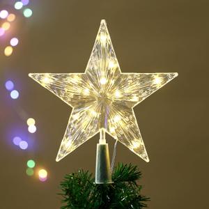 Prelit Christmas Star Tree Topper 9'' Clear Five-Pointed Star Tree Topper with Warm White Lights for Indoor Office Xmas New Year Holiday Tree Decoration