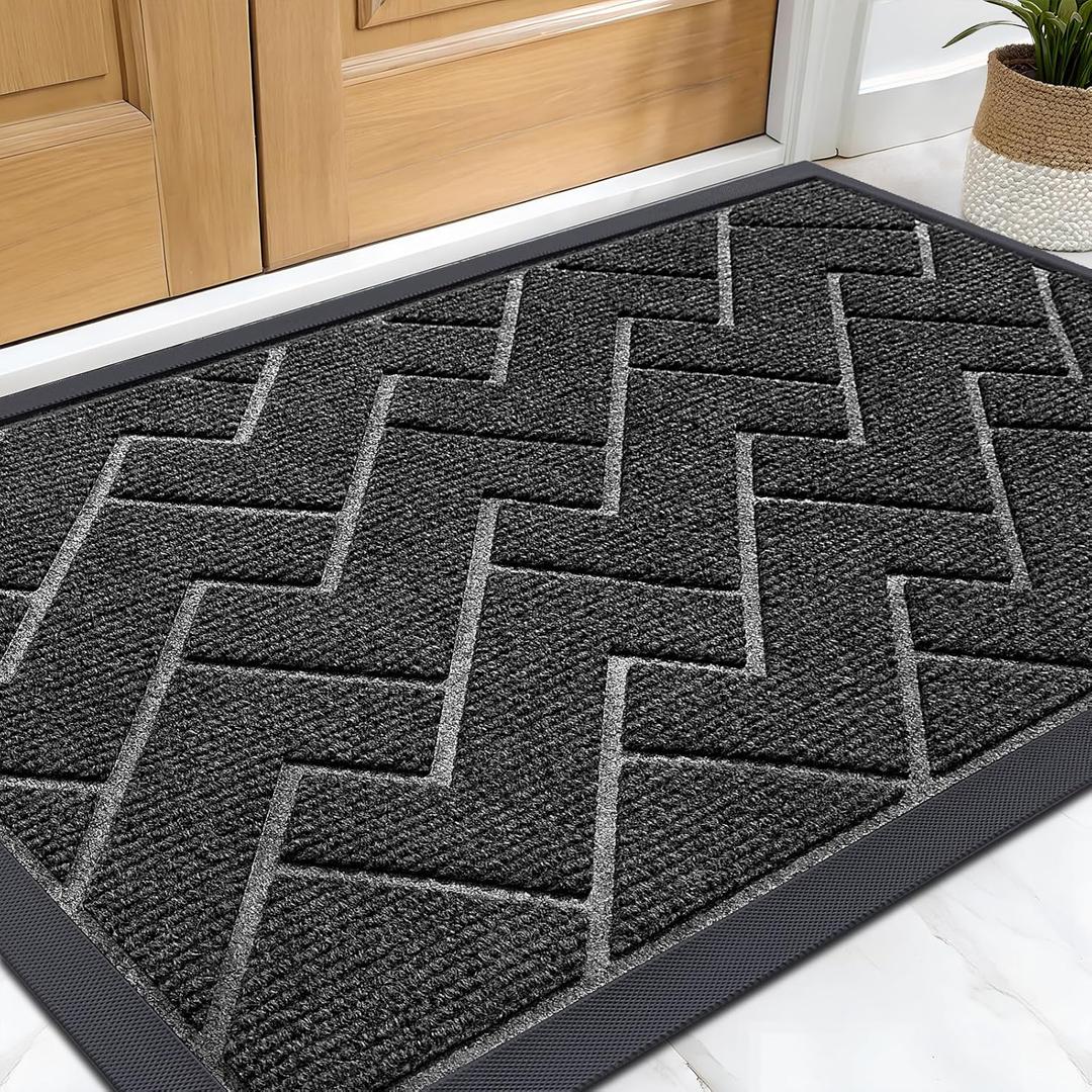OLANLY Front Door Mat Indoor Outdoor Entrance, Waterproof All-Season, All-Weather Welcome Doormat, Sturdy Natural Rubber, Low Profile, Easy Clean Patio Porch Entryway Outside Floor Mat, 29.5x17, Black