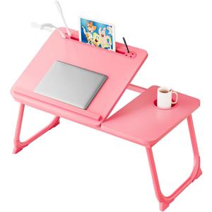 Laptop Desk for Bed, Adjustable Laptop Stand with 5 Different Angles, Portable Lap Tray Table with USB Charge Port and Cup Holder, Laptop Bed Desk Tray for Eating Working Writing (Pink)