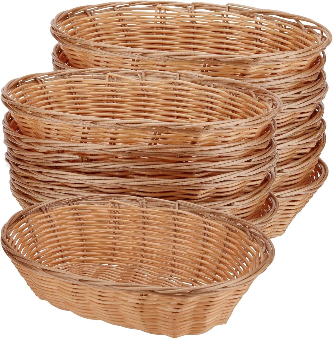 HOZEON 15 Pack Plastic Oval Basket, 11 x 7.87 x 2.8 Inches Wicker Bread Basket, Food Storage Fruit Serving Basket for Kitchen, Restaurant, Light Brown