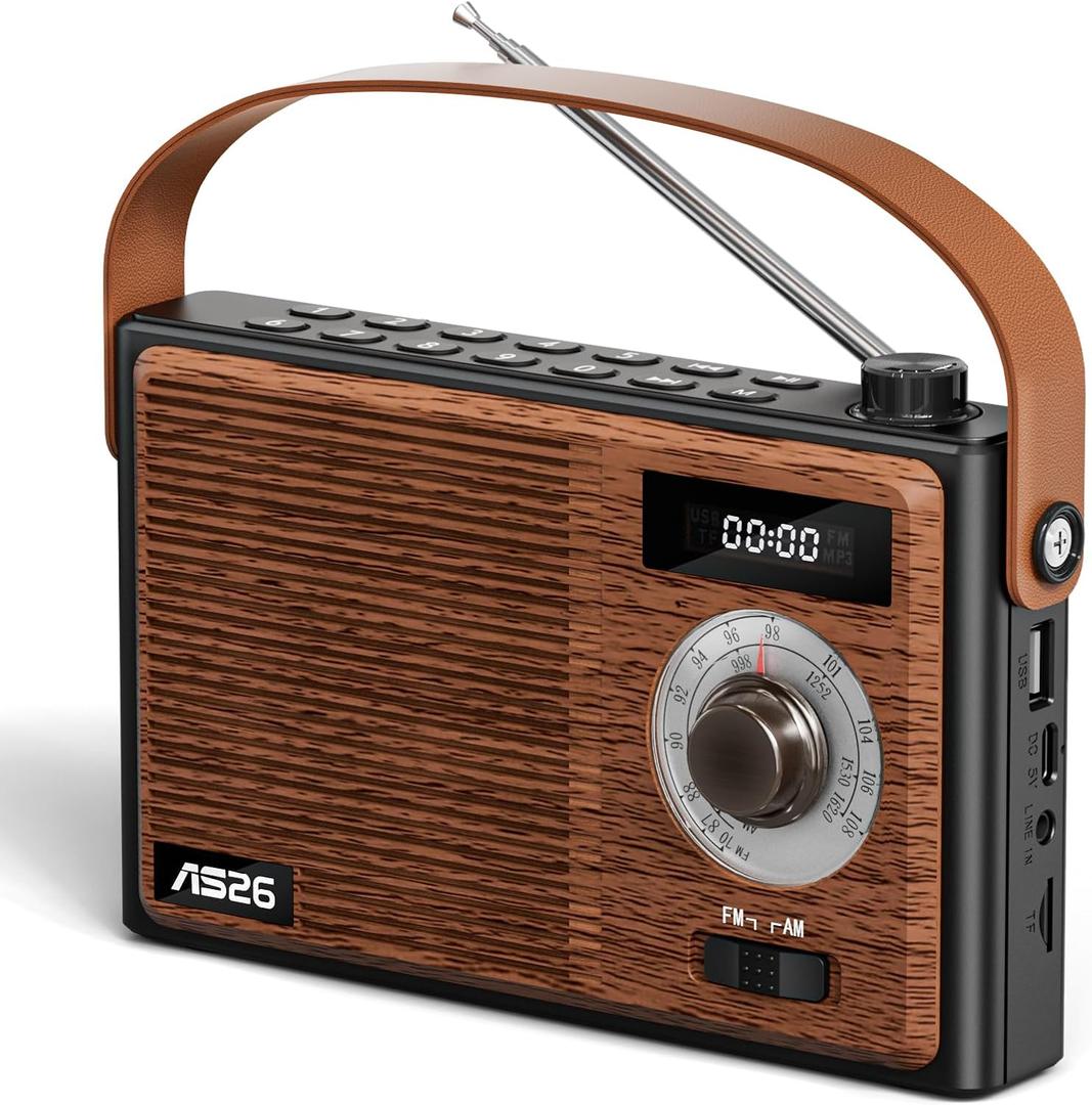 AM FM Radio Portable Retro Bluetooth Speaker Support USB/TF/AUX Player, Vintage Wireless Radio with Digital Display , Retro Radios Battery Powered or Plug in Wall for Home Office Outdoor, Gift