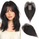 Hairro Real Hair Topper With Bangs Clip In Small Human Hair Toppers For Women Wispy Short Thin Remy Natural Black Topper Hairpieces Fake Bangs Hair Clip 10 Inches 20g #1B