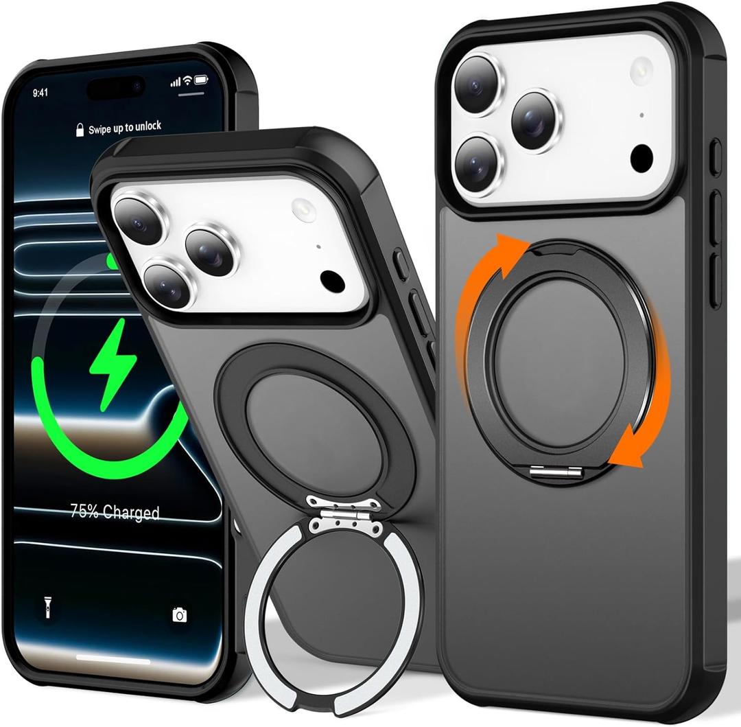UMIONE 360 Rotatable Magnetic Ring Design for iPhone 17 Pro, Built-in Invisible Loop Stand, Compatible with Magsafe, Translucent Ultra Slim Military Grade Shockproof Case - Black