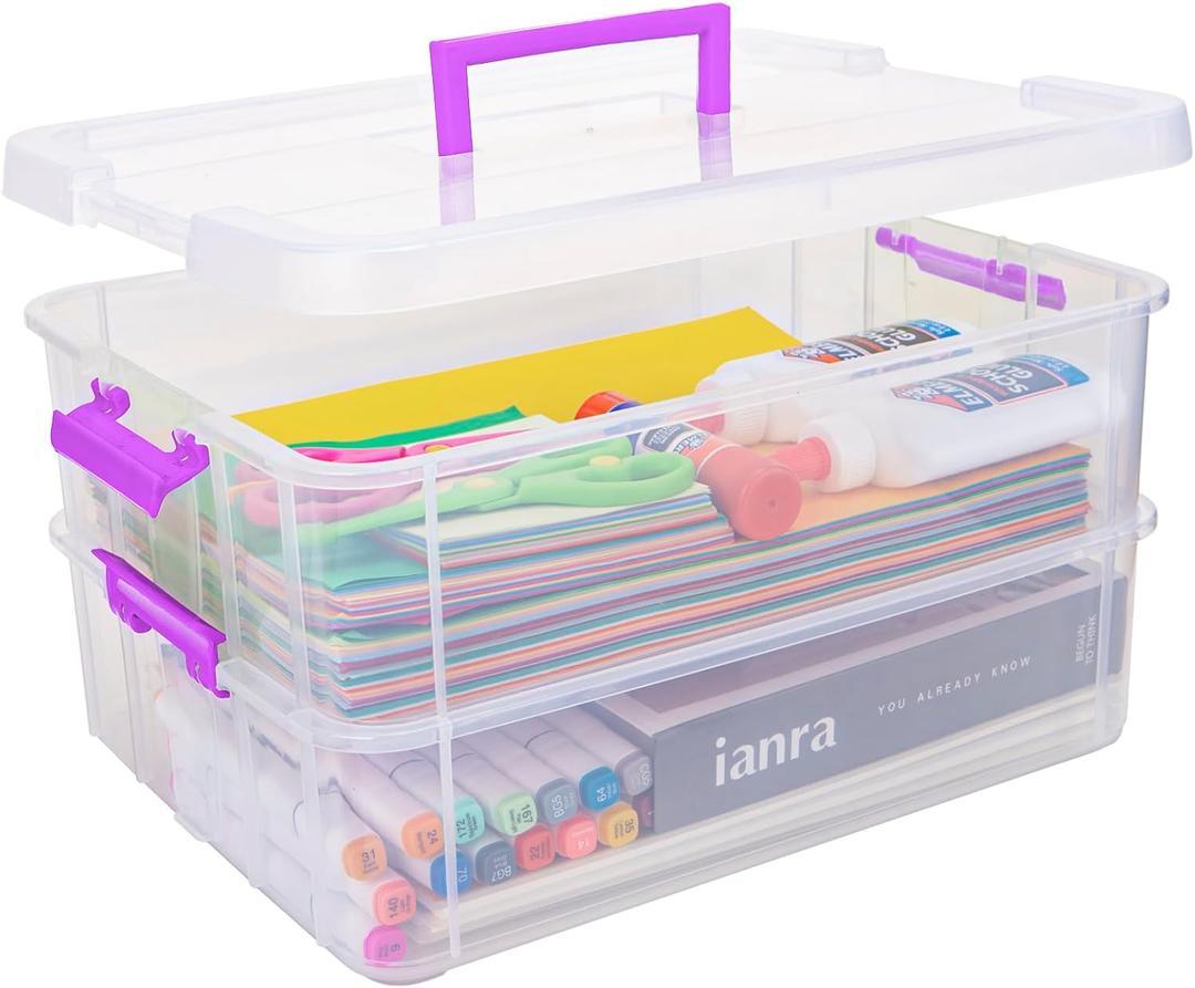 2 Layer Plastic Storage Containers with Lids, Multipurpose Clear Stack & Carry Box, Portable Craft Organizers and Storage Bin for Organizing Art & Craft, Sewing, Makeup, Nail Supplies (Purple)