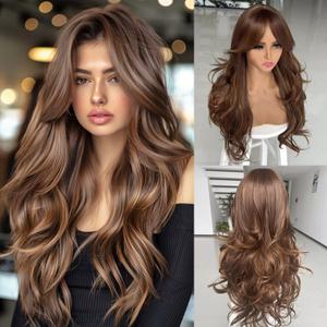 Long Ombre Honey Blonde Highlight Layered Wavy Wig With Bangs for Women Dark Brown Mixd Dirty Blonde Highlight Wig With Curtain Bangs for White Black Women Shaggy Hair for Daily Party Use 24inch
